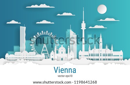 Paper cut style Vienna city, white color paper, vector stock illustration. Cityscape with all famous buildings. Skyline Vienna city composition for design