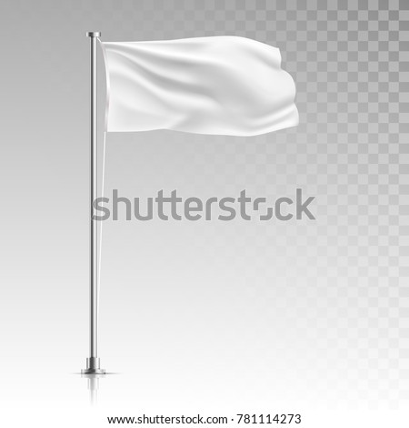 Stock vector illustration. white flag template stand on steel pole isolated on transparent background. Realistic vector illustration waving fabric in the wind on metal pillar.  