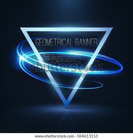 Geometrical banner with neon lights . 3d triangle vector banner with fire blurry circles at motion . swirl trail effect , Exposure time . Lightpainting on banner . 