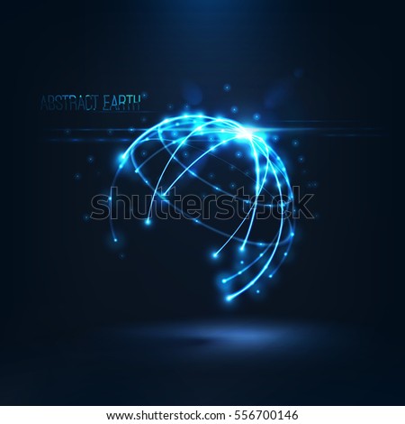 Abstract sphere shape of glowing circles and particles with lens flare effect . Global Network connection visualization . Futuristic earth globe . 3d planet concept .Science and technology background 