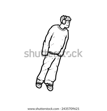 Sketch Happy jacket hoodie pants shoes man boy facing right floating while enjoy music headset white Background vector modern illustration