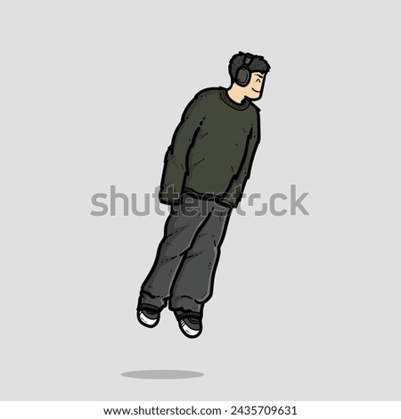 Happy jacket hoodie pants shoes man boy facing right floating while enjoy music headset grey Background vector modern illustration