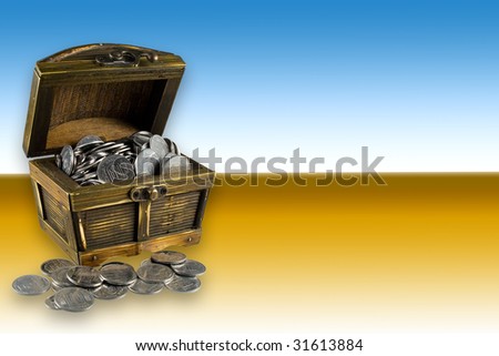 Open brown chest with many silver coins