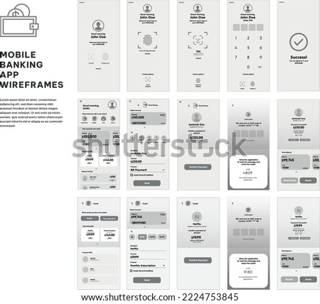 Mobile Banking UI Kit Wireframes with user journeys for sign in, home page paybill, borrow, etc.,