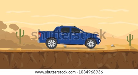 car pickup truck on the desert road with cactus tree and mountain as background vector graphic illustration