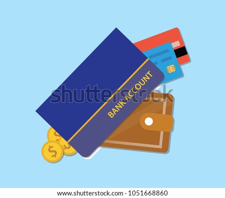 bank accounts book with wallet credit card and money vector graphic illustration