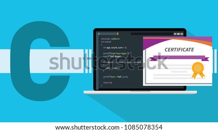 c sharp programming language certificate with laptop and code script on screen vector illustration