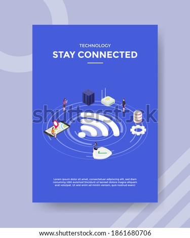 technology stay connected people standing sitting around server router network for template flyer and print banner cover book books modern flat style