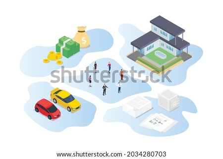 inheritance concept with people family and some wealth asset with modern isometric style