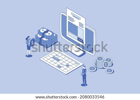 online digital invoice concept on computer screen with people and money with outline isometric style