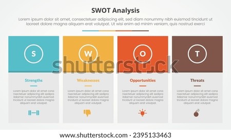 swot business framework strategic template infographic concept for slide presentation with big box table and colorfull header with 4 point list with flat style