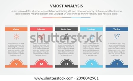 vmost analysis template infographic concept for slide presentation with box table half circle badge header with 5 point list with flat style