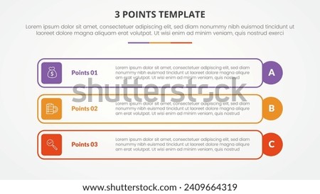 3 points stage template infographic concept for slide presentation with outline rectangle box and circle edge with 3 point list with flat style
