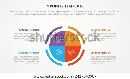 4 points stage list template infographic concept for slide presentation with big circle piechart center with outline sliced with flat style
