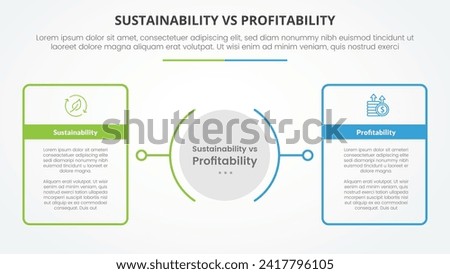 sustainability versus profitability comparison opposite infographic concept for slide presentation with big outline table box with circle center with flat style