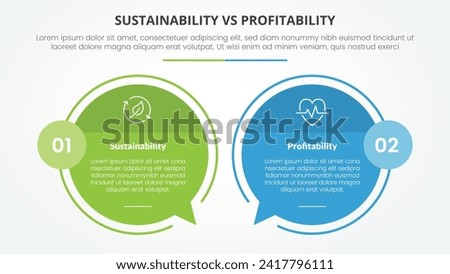 sustainability versus profitability comparison opposite infographic concept for slide presentation with big circle outline callout comment box with flat style