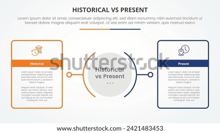 historical vs present versus comparison opposite infographic concept for slide presentation with big outline table box with circle center with flat style