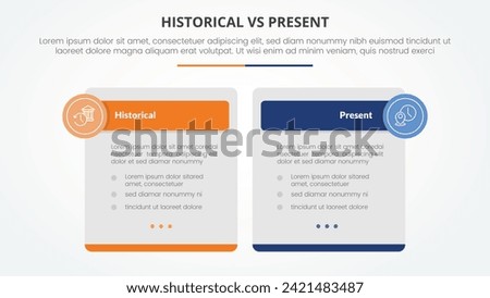 historical vs present versus comparison opposite infographic concept for slide presentation with big box table and circle badge header with flat style