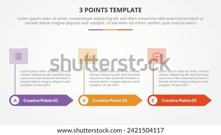 3 points stage template infographic concept for slide presentation with rectangle arrow and banner on header top with 3 point list with flat style