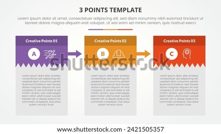 3 points stage template infographic concept for slide presentation with creative box table with big header and arrow with 3 point list with flat style