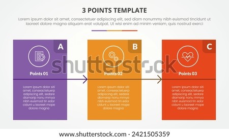 3 points stage template infographic concept for slide presentation with big block table box with arrow with 3 point list with flat style