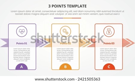 3 points stage template infographic concept for slide presentation with big outline table and arrow right direction with 3 point list with flat style