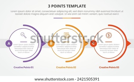 3 points stage template infographic concept for slide presentation with big outline circle horizontal right direction with 3 point list with flat style