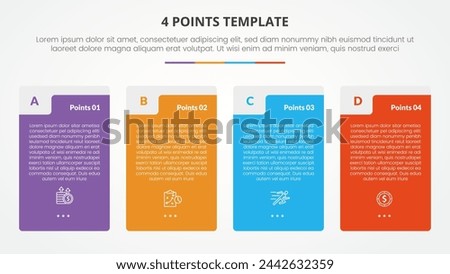 4 points stage list template infographic concept for slide presentation with round rectangle box with creative header badge with flat style