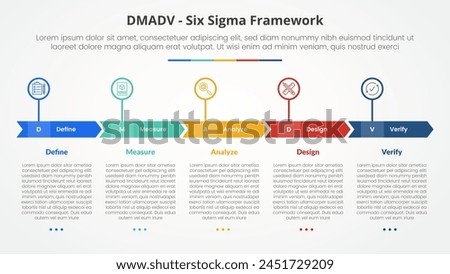 DMADV six sigma framework methodology concept for slide presentation with creative arrow header circle point with 5 point list with flat style vector