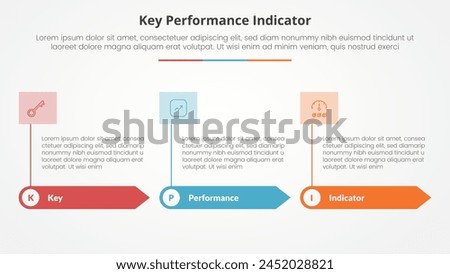 KPI key performance indicator model infographic concept for slide presentation with rectangle arrow and banner on header top with 3 point list with flat style vector