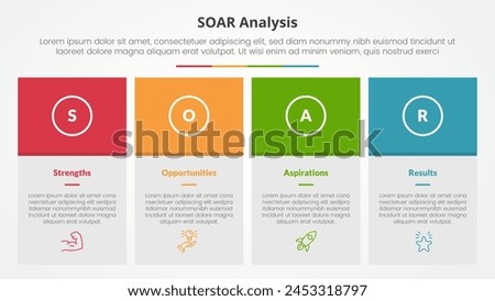 SOAR analysis infographic concept for slide presentation with big box table and colorfull header with 4 point list with flat style vector