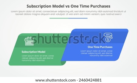 subscription vs one time purchase versus comparison opposite infographic concept for slide presentation with skew round rectangle box side by side with flat style vector