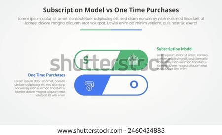 subscription vs one time purchase versus comparison opposite infographic concept for slide presentation with round outline stack shape with flat style vector