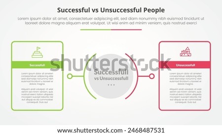 successful vs unsuccessful comparison opposite infographic concept for slide presentation with big outline table box with circle center with flat style vector