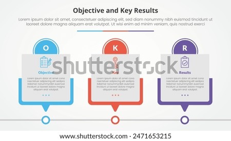 OKR objectives and key results framework infographic concept for slide presentation with box timeline table with circle header with 3 point list with flat style vector