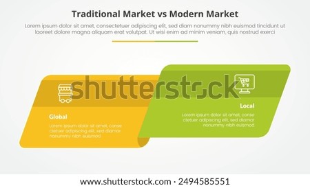 traditional market vs modern market comparison opposite infographic concept for slide presentation with skew round rectangle box side by side with flat style vector