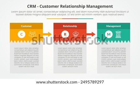 CRM customer relationship management infographic concept for slide presentation with creative box table with big header and arrow with 3 point list with flat style vector