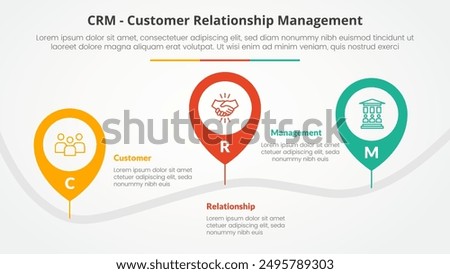 CRM customer relationship management infographic concept for slide presentation with pin tagging location road up and down with 3 point list with flat style vector