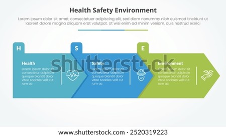 HSE infographic concept for slide presentation with big arrow rectangle shape right direction with 3 point list with flat style vector