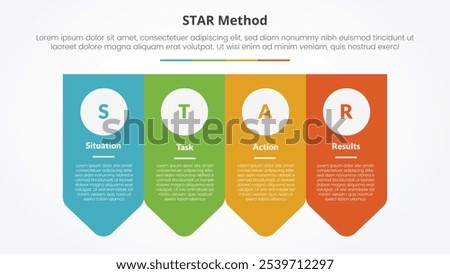 STAR method infographic concept for slide presentation with arrow badge shape bottom direction with 4 point list with flat style vector