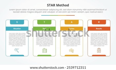 STAR method infographic concept for slide presentation with big outline table box and strong header with 4 point list with flat style vector