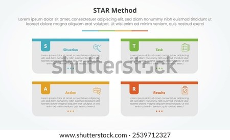 STAR method infographic concept for slide presentation with long rectangle box container with colorful badge header with 4 point list with flat style vector