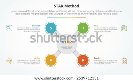 STAR method infographic concept for slide presentation with big circle x shape on center with 4 point list with flat style vector