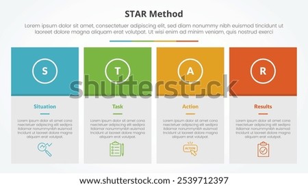 STAR method infographic concept for slide presentation with big box table and colorfull header with 4 point list with flat style vector