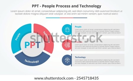 PPT framework infographic concept for slide presentation with big pie chart shape and round rectangle box with 3 point list with flat style vector