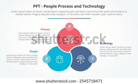 PPT framework infographic concept for slide presentation with big circle venn linked union badge opposite with 3 point list with flat style vector