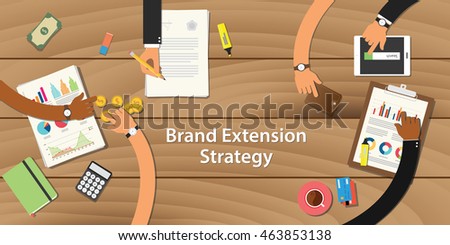 brand extension strategy illustration with team work together on top of the table with money paper document graph chart and gold coin