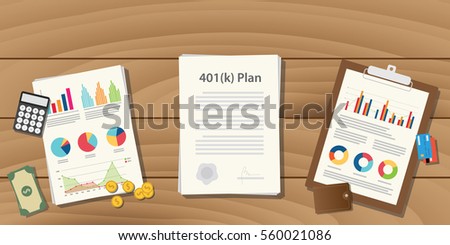 401(k) plan illustration concept with paperwork with graph and chart and money calculator on top of the table