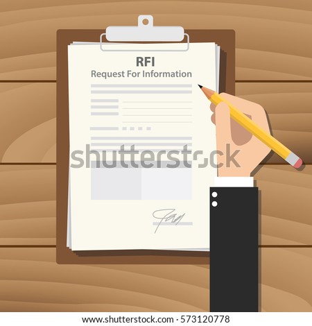 rfi request for information illustration with business man signing a paper work on clipboard on wooden table