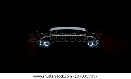 silhouette of black sports car with headlights on black background, photorealistic 3d render, generic design, non-branded
